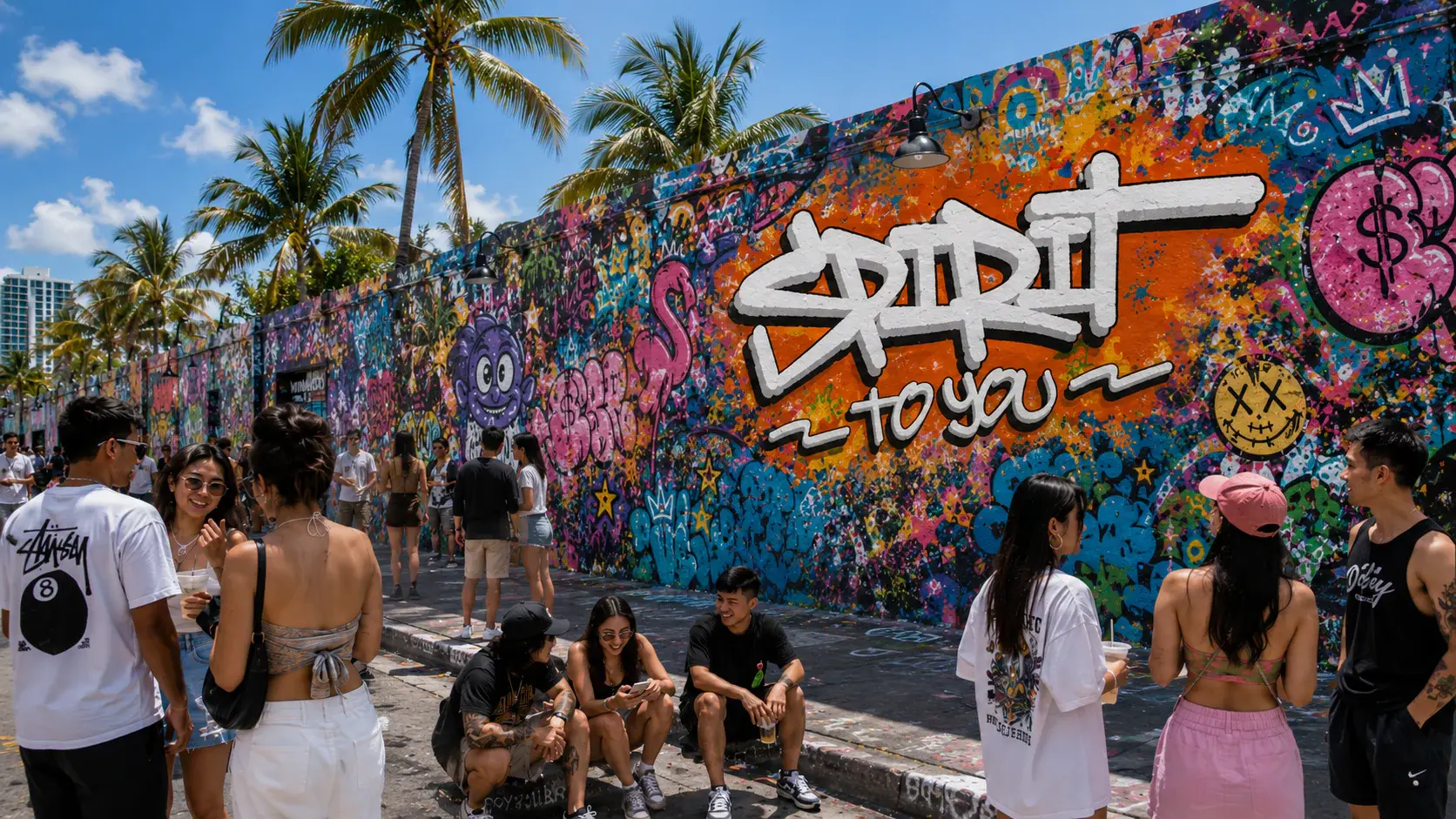 Young sneaker collectors in front of the colorful Spirit To You graffiti wall